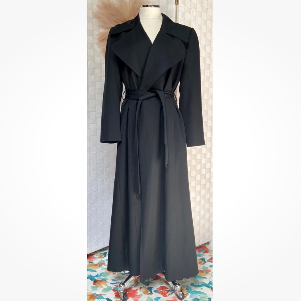 VTG Ellen Tracy 100% Wool 55.2" Long Maxi Jet Black Lined Belt Tie Coat Jacket 4